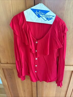 Women's Vibrant Red Ruffle-Trim Button Front Blouse